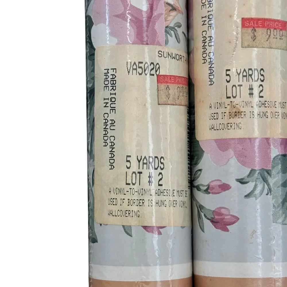 Sunworthy VA5020 Floral Wallpaper Border Pink Roses 5 Yd Lot of 2 Vintage NOS